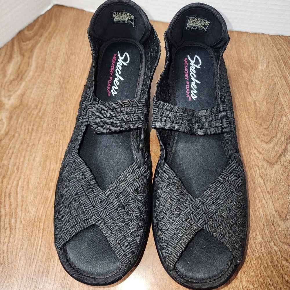 Skechers Parallel Woven Wedge Sandals Black Memory Foam 38409 Womens 9